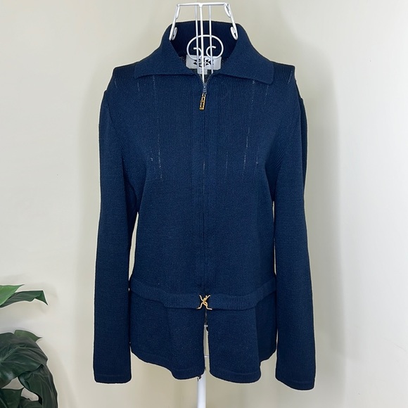 ST JOHN Vintage SJK Navy Blue Knit Zipper Jacket Gold Cloisonne Charm Size 4 - Picture 1 of 11